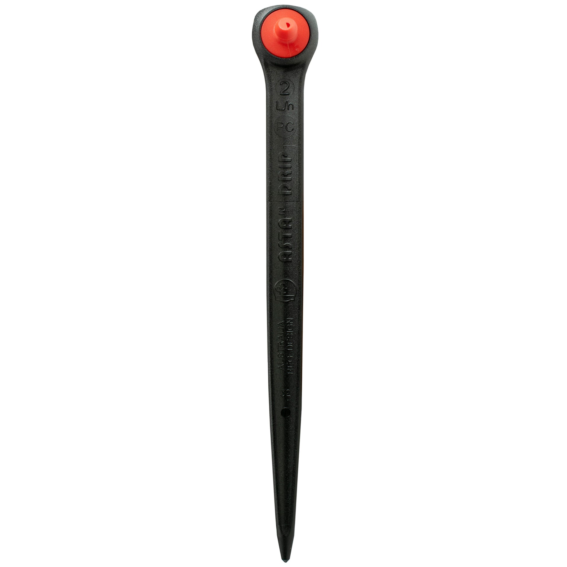 Pressure-compensating spike dripper with red cap on black plastic body