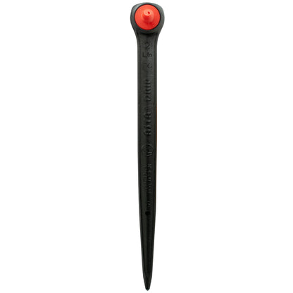 Pressure-compensating spike dripper with red cap on black plastic body