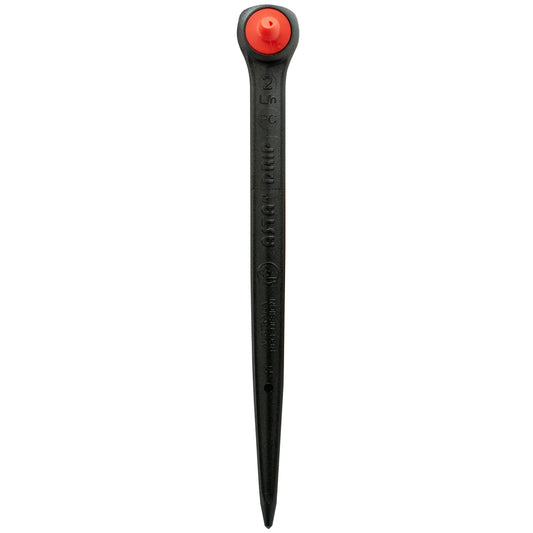 Pressure-compensating spike dripper with red cap on black plastic body