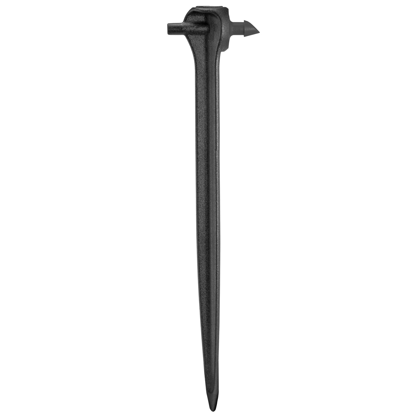 Black spike dripper stake with mounting head, side view
