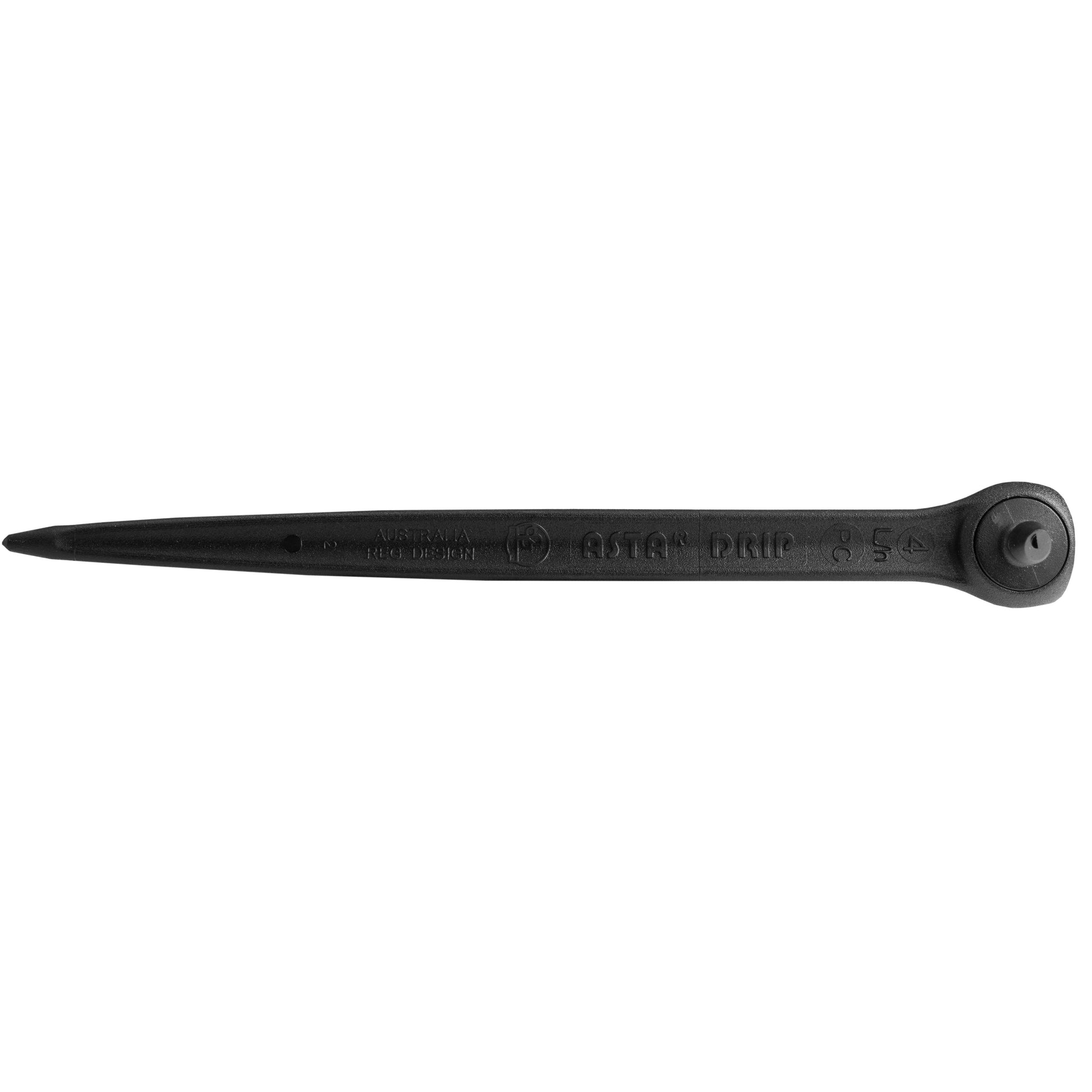 Black drip spike dripper, horizontal view with molded “4.0” marking