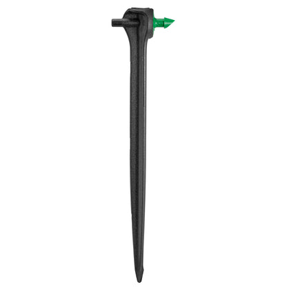 Black irrigation spike dripper with green angled outlet tip