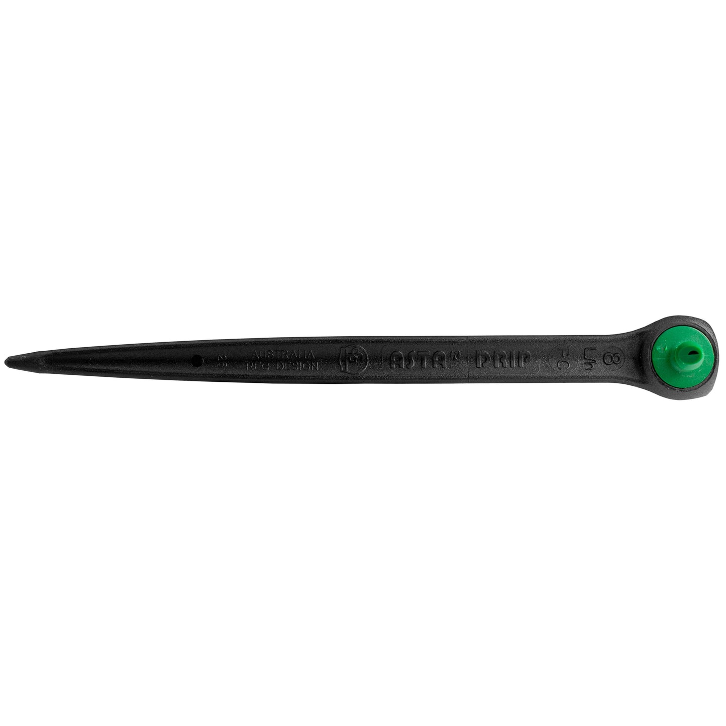 Black drip spike dripper side view with green outlet at the tip