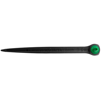 Black drip spike dripper side view with green outlet at the tip