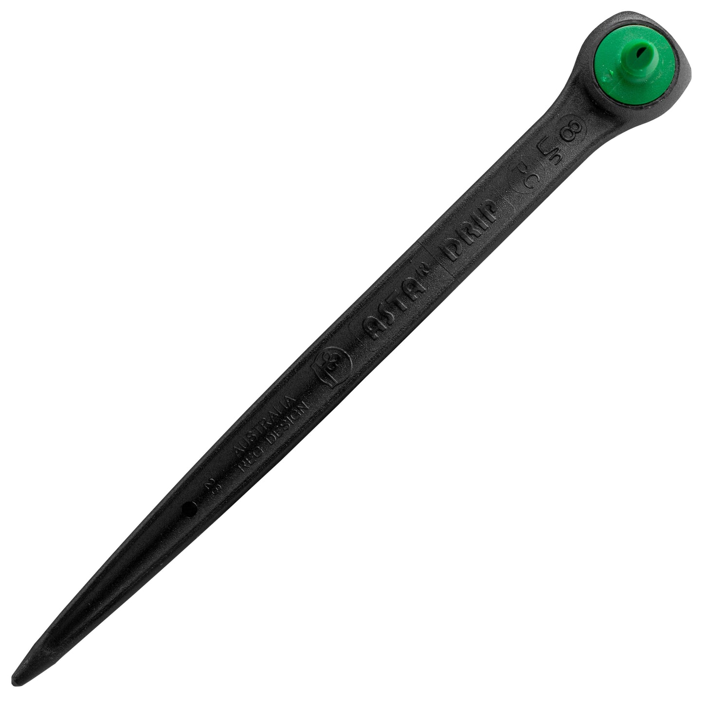 Black drip spike dripper with green cap, textured grip along the stem