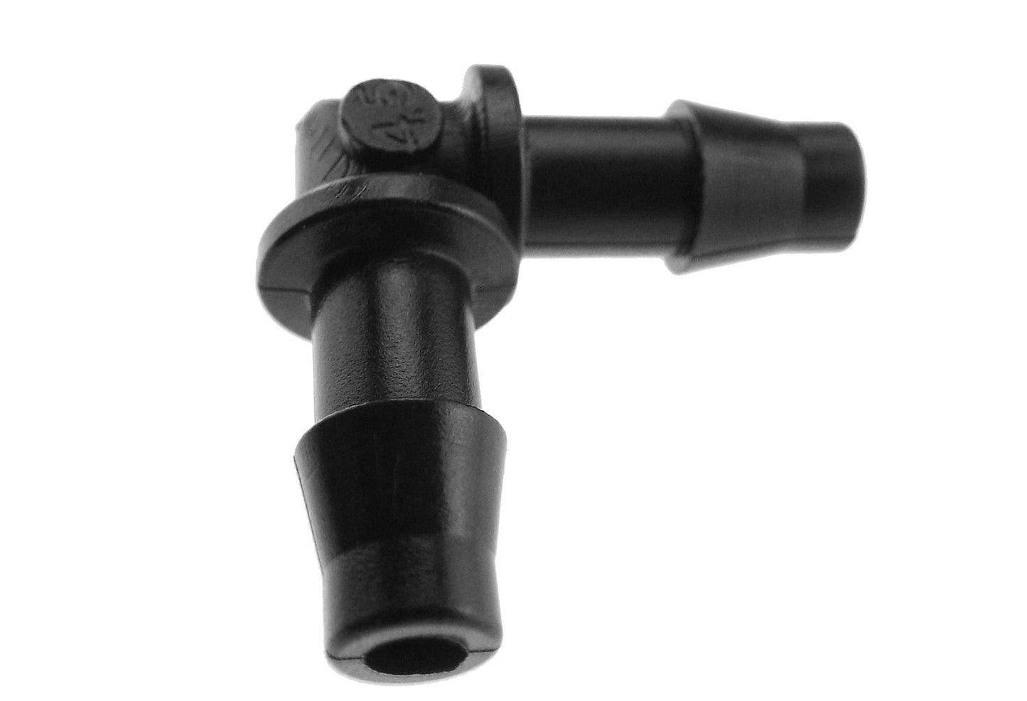 Black 90° micro elbow connector, 4.5mm barbed inlet and outlet tube ends