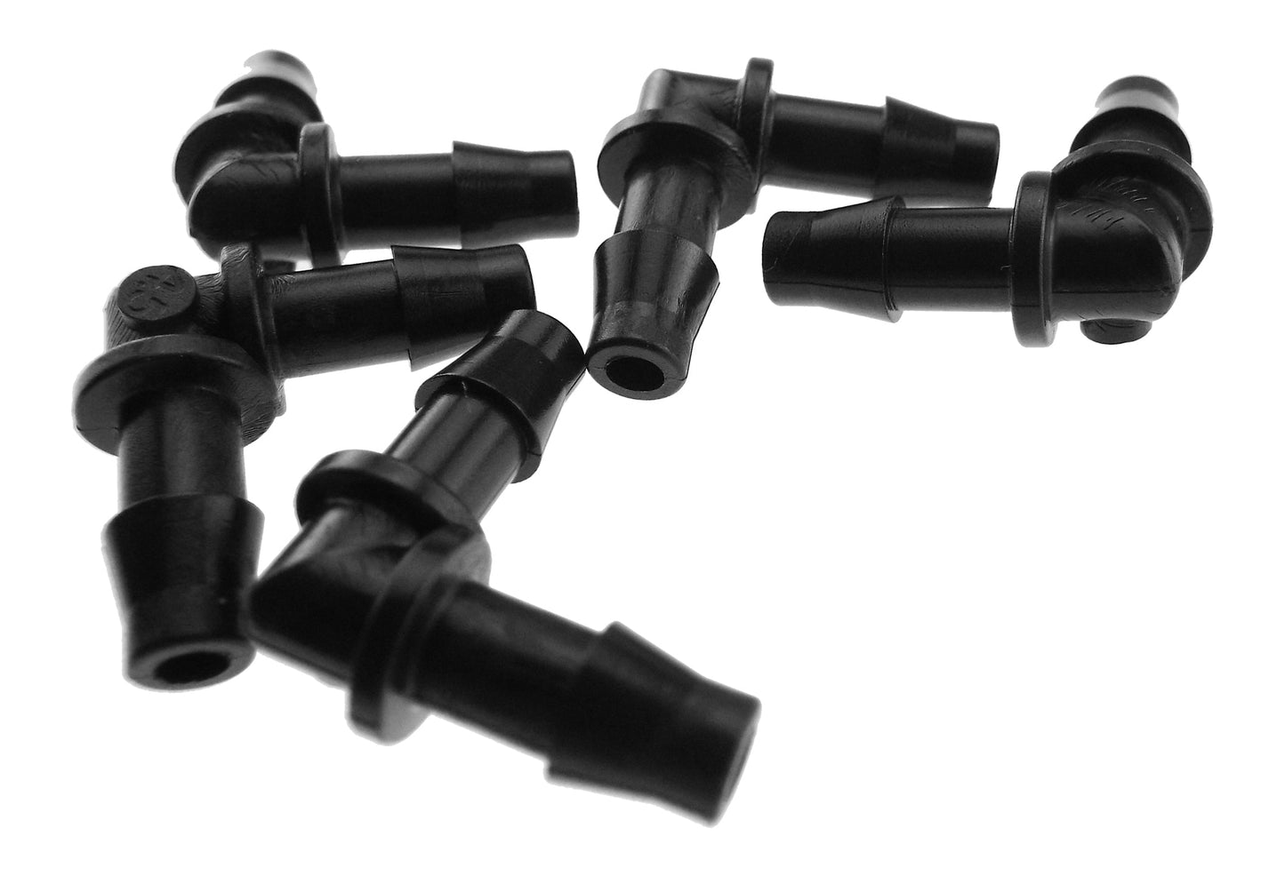 Multiple black micro elbow connectors, 4.5mm barbed 90° fittings
