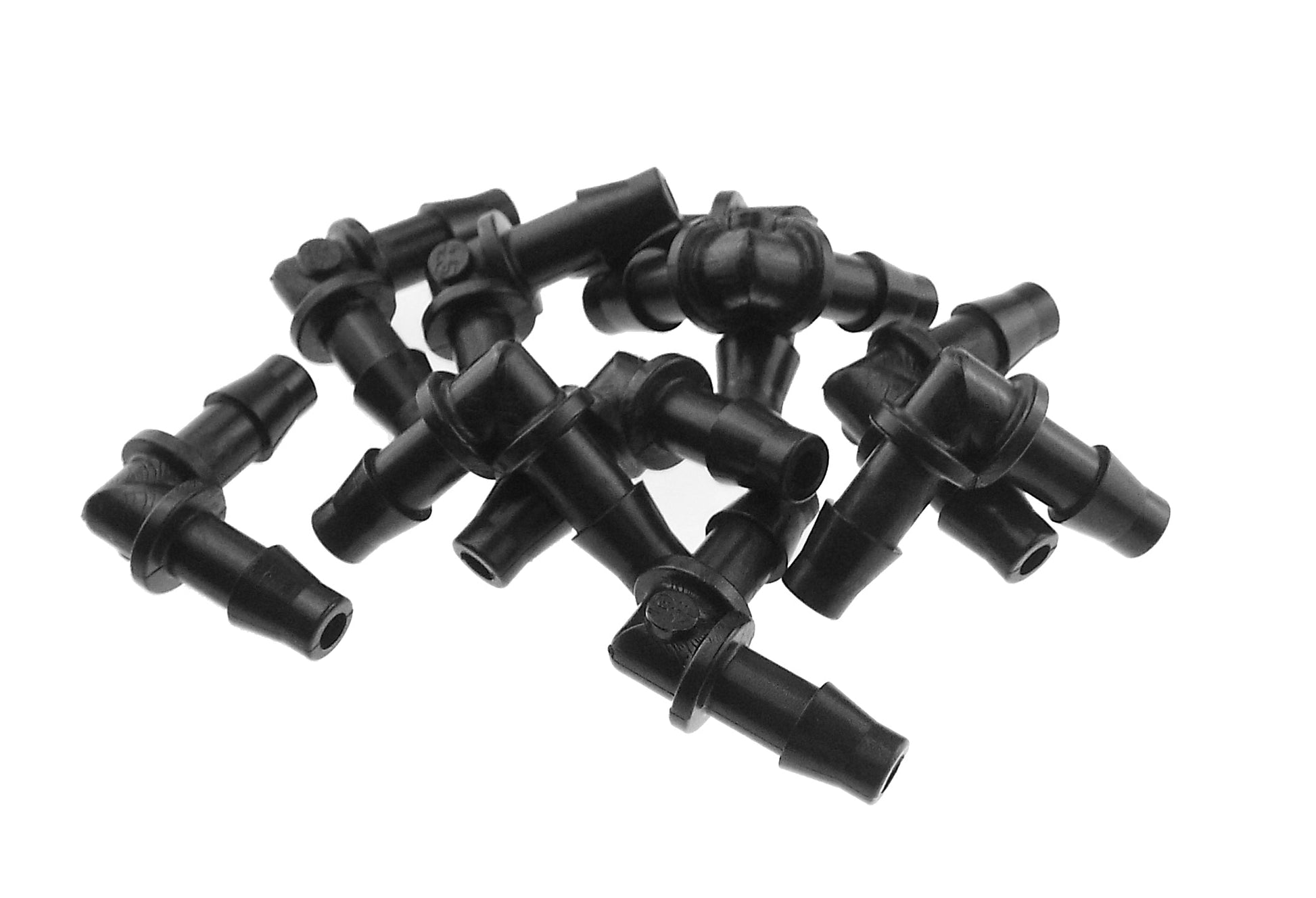 Bulk pile of black 4.5mm barbed micro elbow connectors, 90° angle pieces