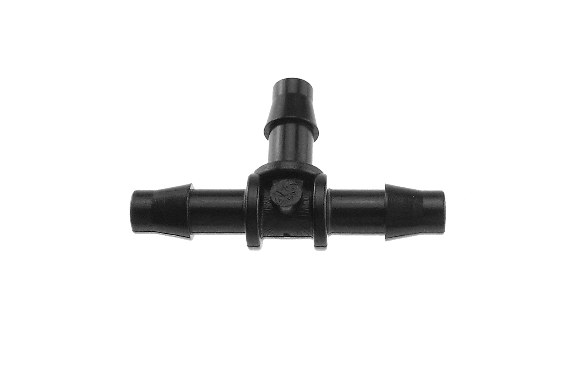 Black 4.5mm micro tee connector, straight-in with barbed outlet