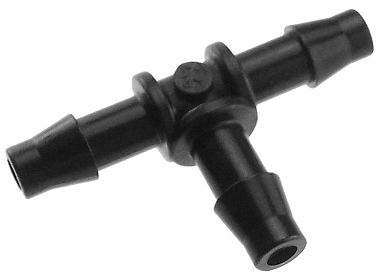 Black 4.5mm micro tee connector with barbs on three ends