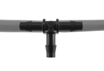 Black 4.5mm barbed tee connector, front view of three-way junction