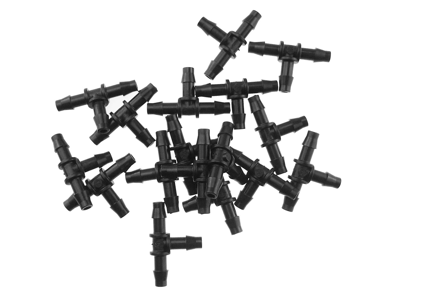 Bulk assortment of black 4.5mm micro barbed tee connectors with 3 ports
