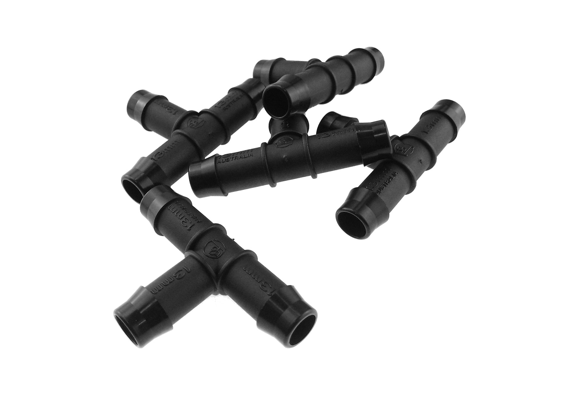 Grouped black 4.5mm barbed micro tee connectors, 3-way plumbing fittings