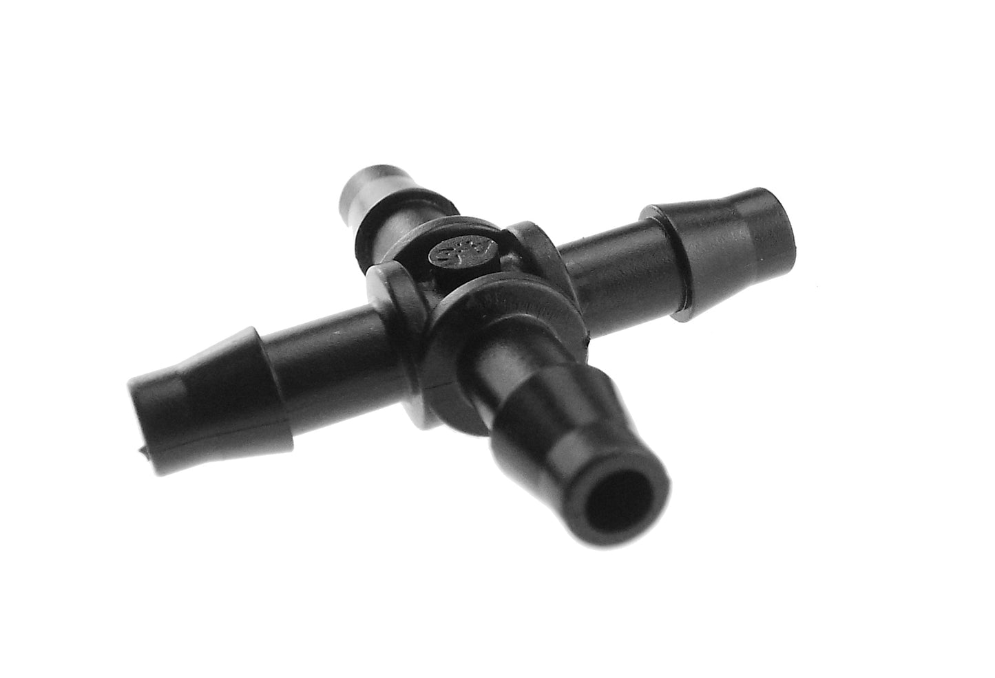 Micro cross connector 4.5mm barb, close-up of four black tube ports