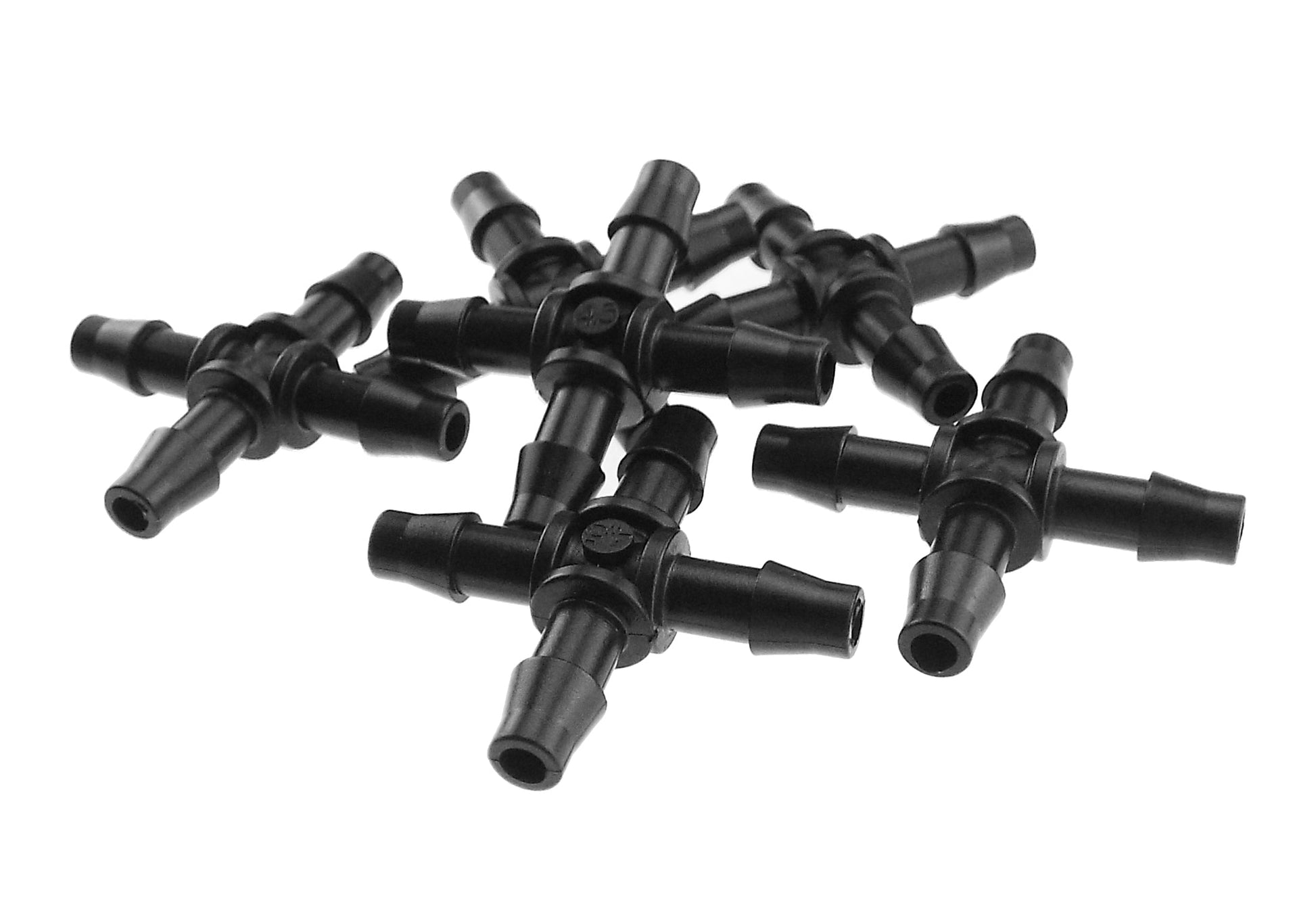 Micro cross connector 4.5mm barb, bulk view of multiple black cross fittings