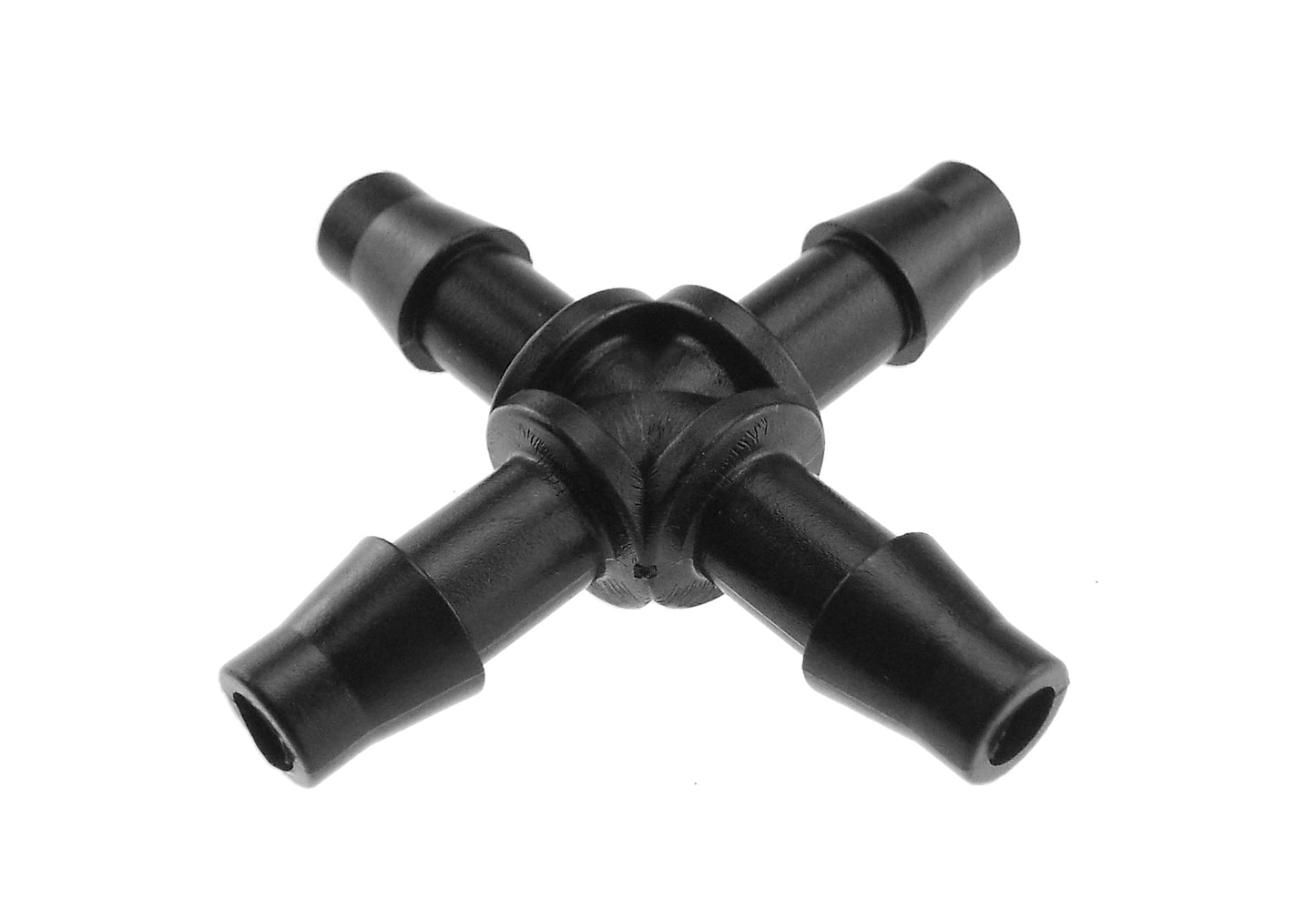 4.5mm barb micro cross connector, black plastic fitting with four outlets
