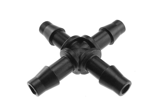4.5mm barb micro cross connector, black plastic fitting with four outlets