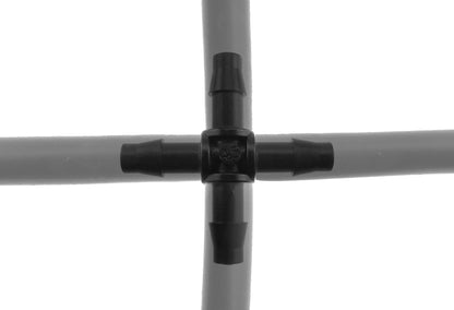 4.5mm barb cross connector on pipe, black fitting with four-way outlets
