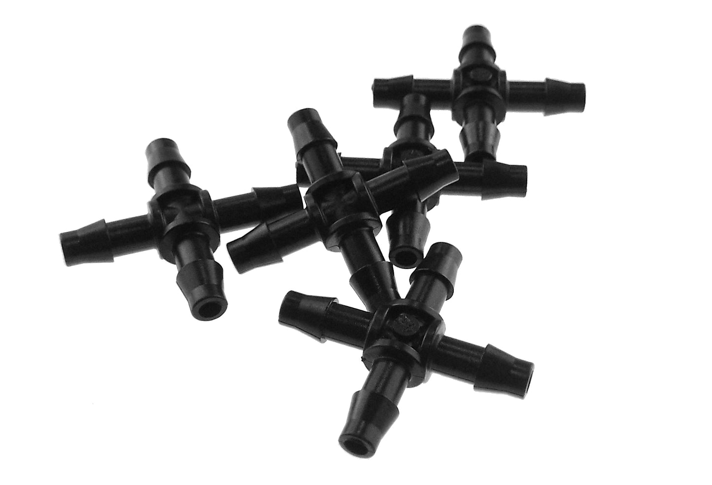 Set of micro cross connectors 4.5mm barb, many black four-way barb fittings