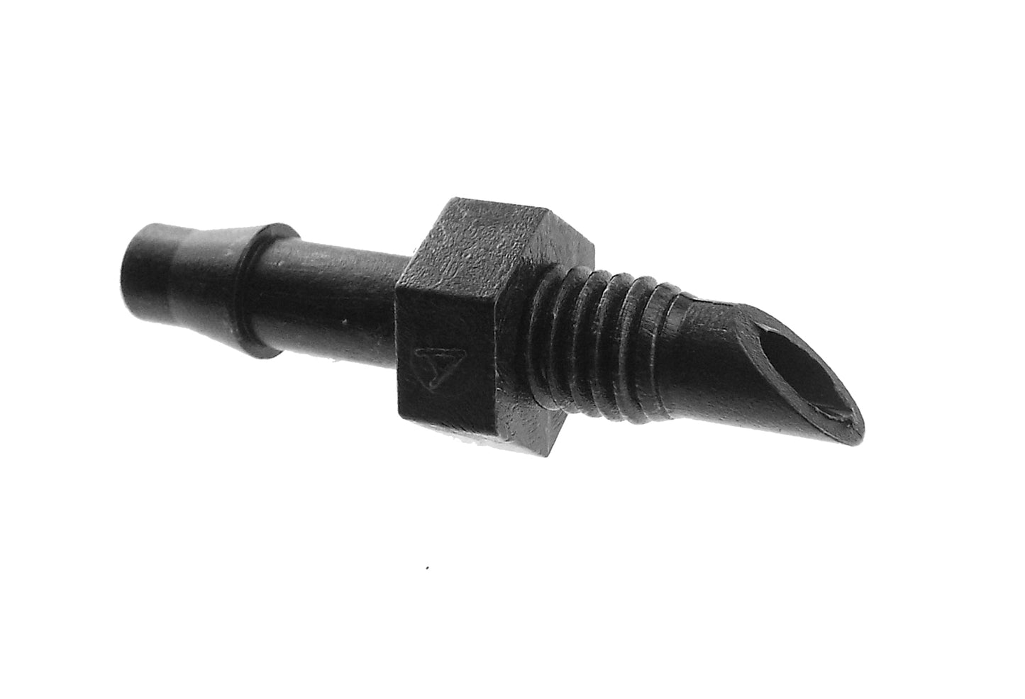 4.5mm barb x 10-32 thread adaptor, black hex coupling and threaded stem