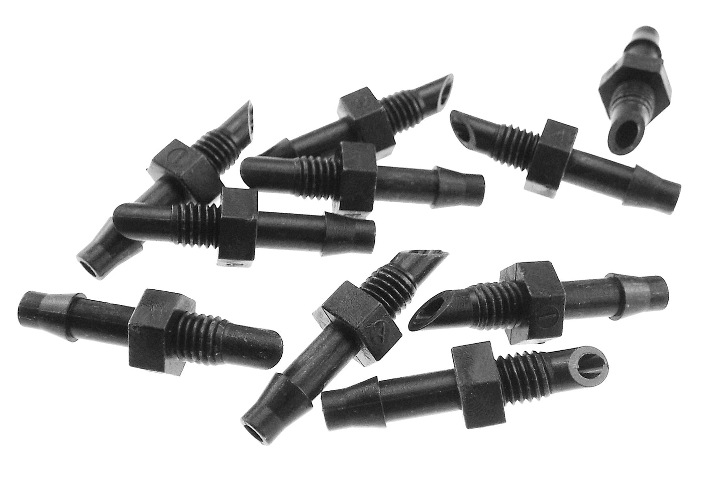 Assorted micro fitting adaptors, 4.5mm barb x 10-32 thread, black hex ends