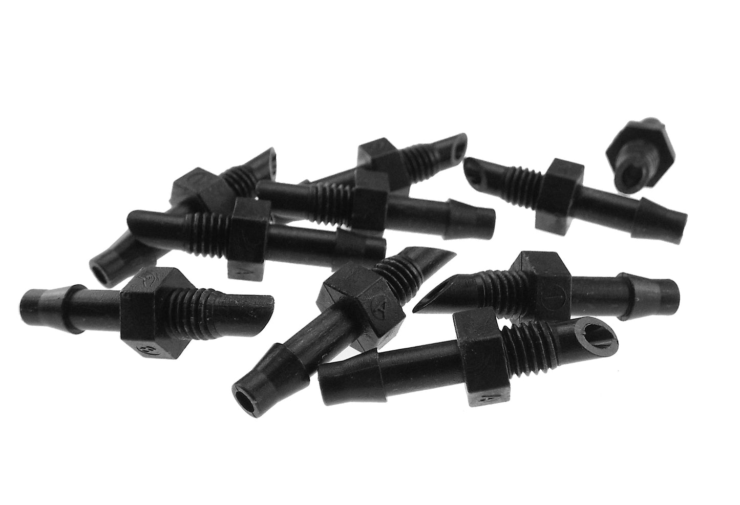 Micro fitting adaptors with 4.5mm barb and 10-32 thread, multiple black pieces