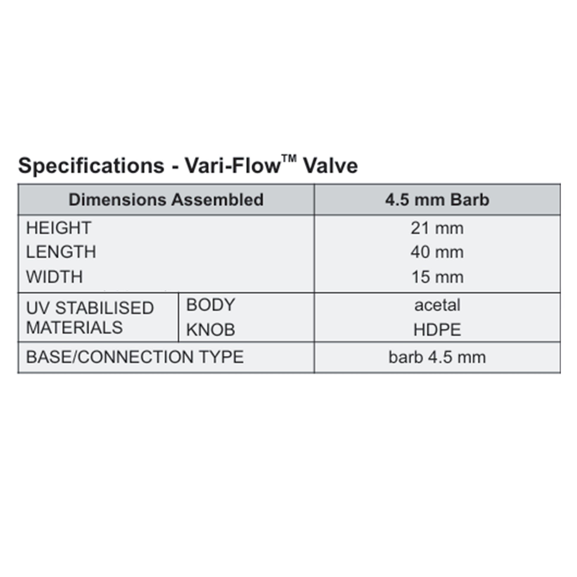 Vari-Flow valve specs: height 21 mm, length 40 mm, width 15 mm; 4.5 mm barb