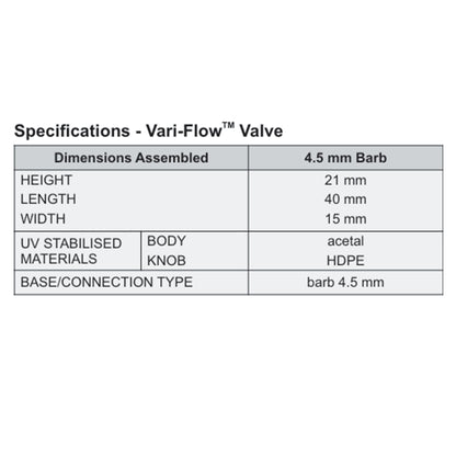 Vari-Flow valve specs: height 21 mm, length 40 mm, width 15 mm; 4.5 mm barb