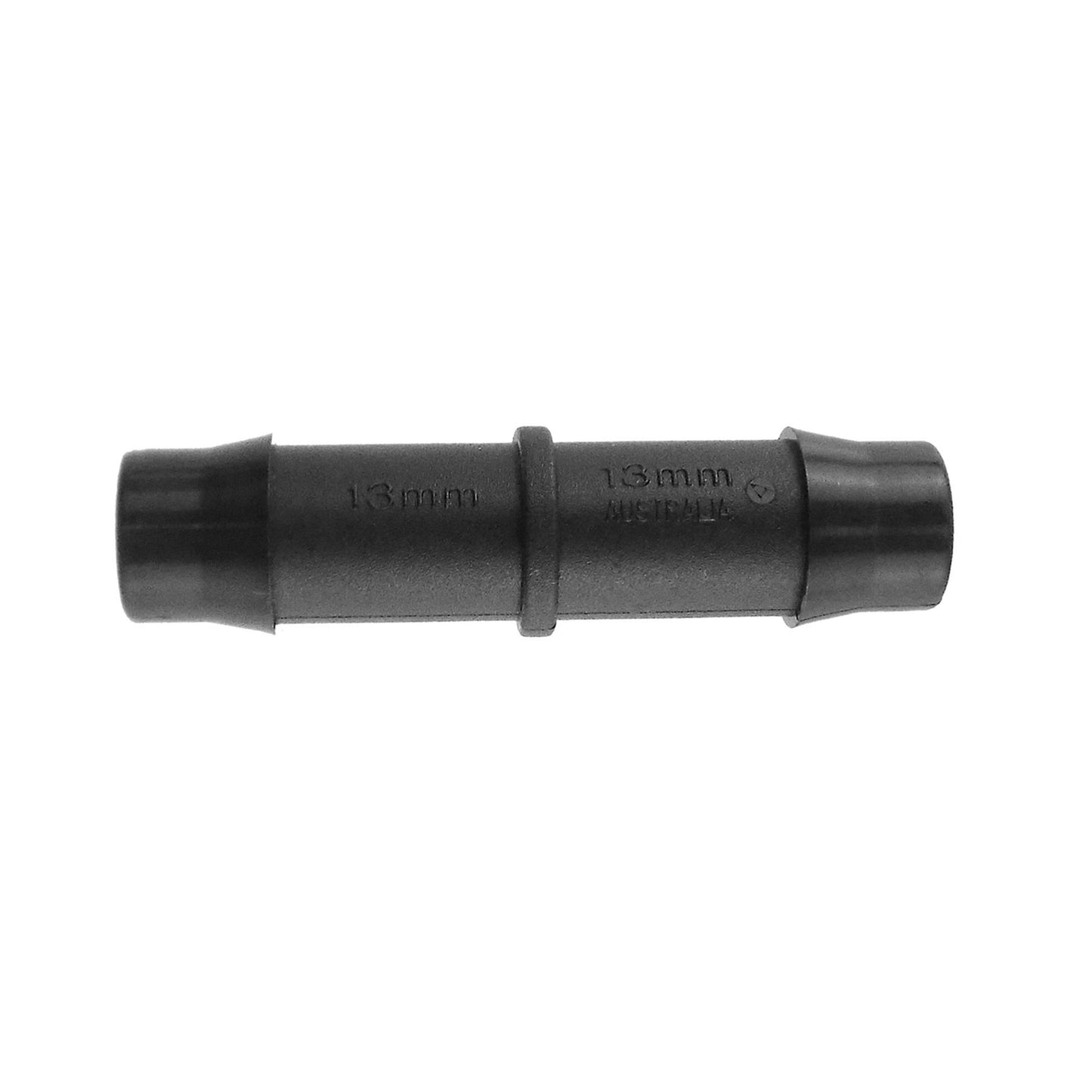 Straight barbed fitting, 13mm, dark plastic coupling with central ring and markings