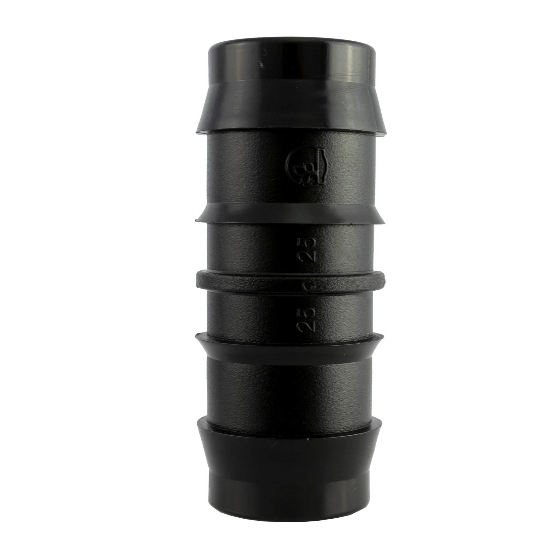 Double barb straight fitting 25mm, black plastic barbed connector