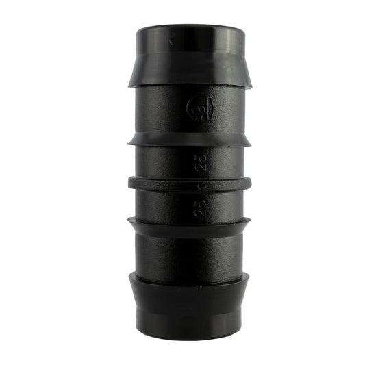 Double barb straight fitting 25mm, black plastic barbed connector