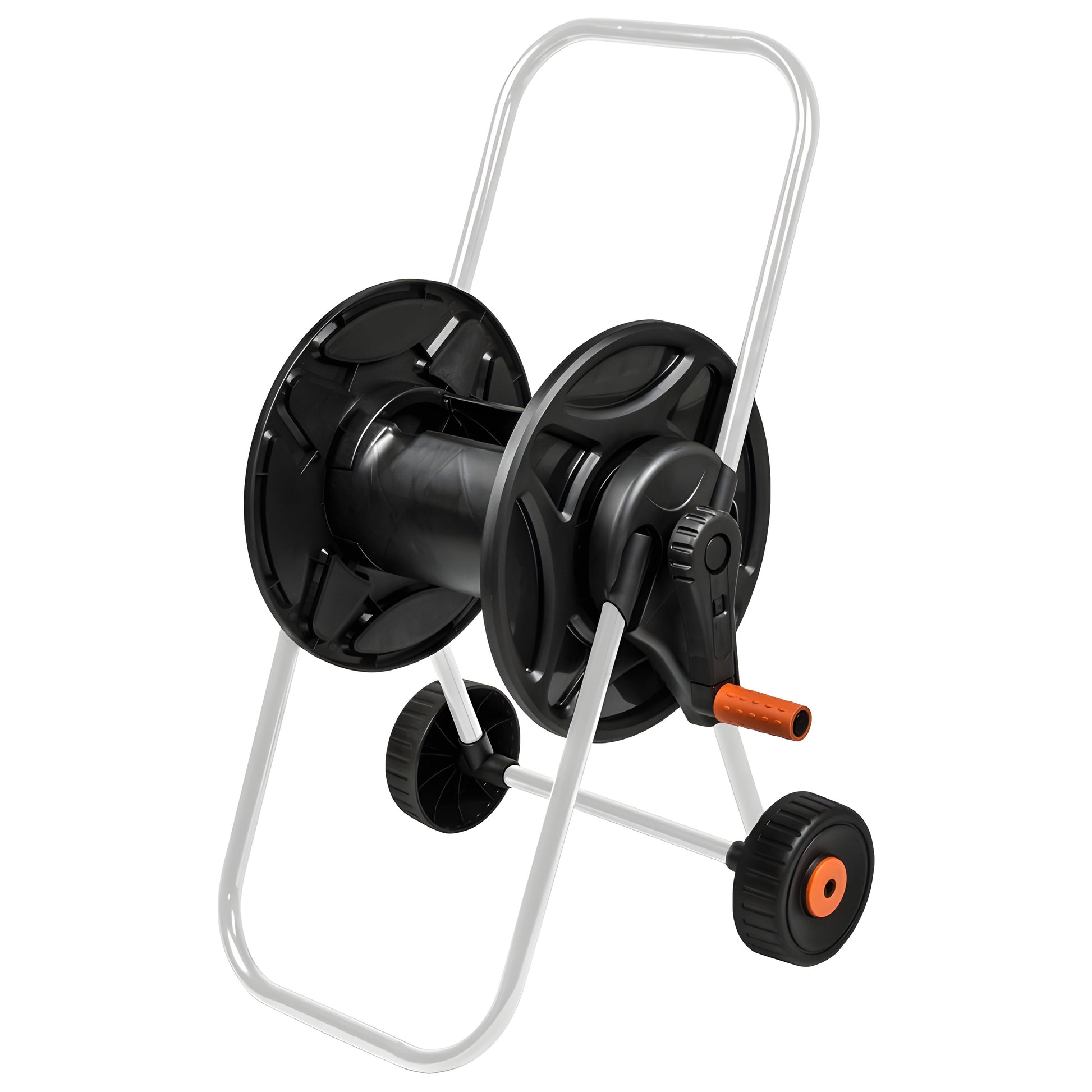 Hose reel cart with black hose drum, grey frame, orange crank handle and wheels