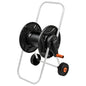 Hose reel cart with black hose drum, grey frame, orange crank handle and wheels