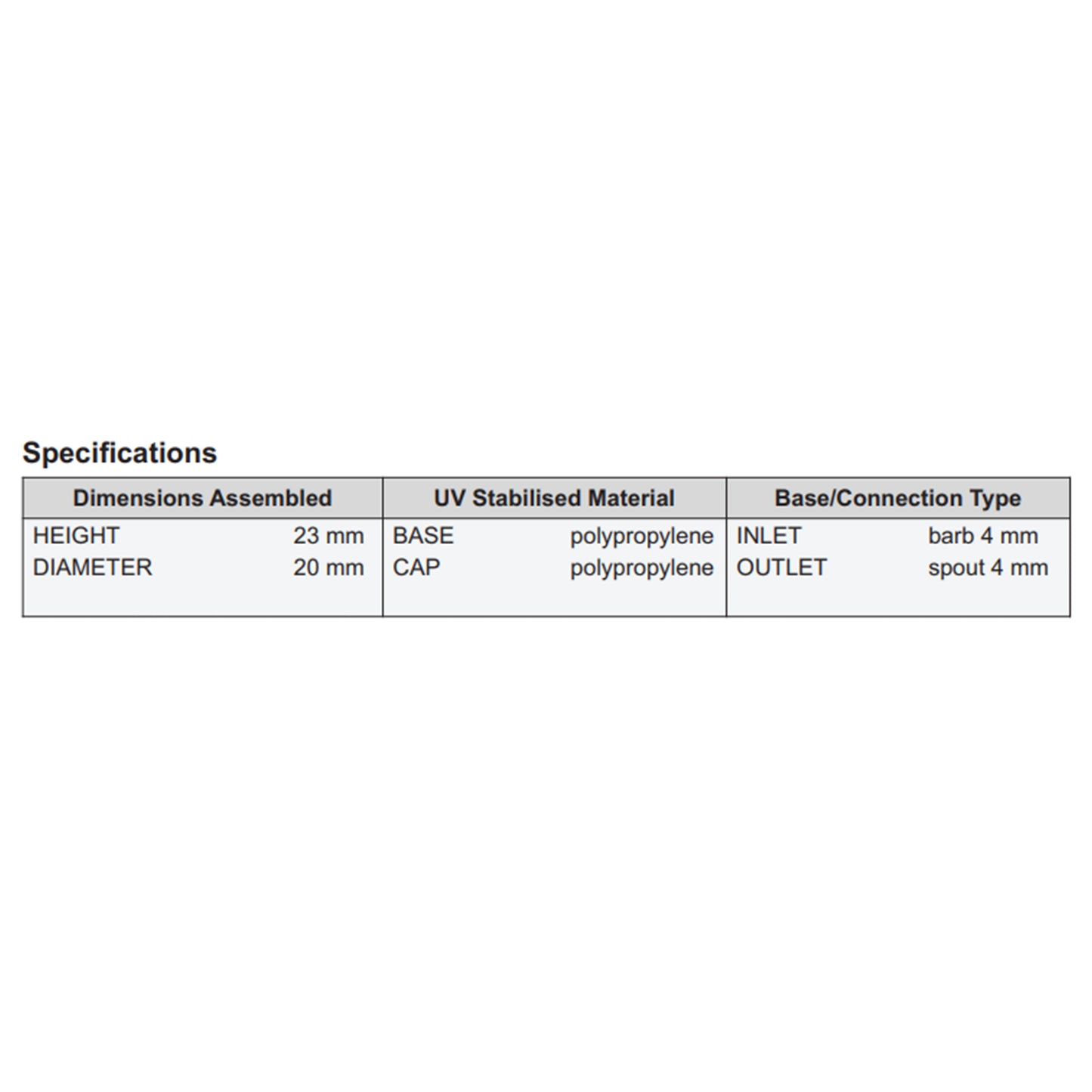 Specifications chart: height 23 mm, diameter 20 mm, base/connection type IN/OUT