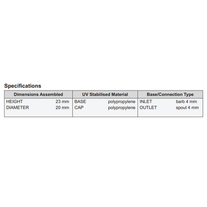Specifications chart: height 23 mm, diameter 20 mm, base/connection type IN/OUT
