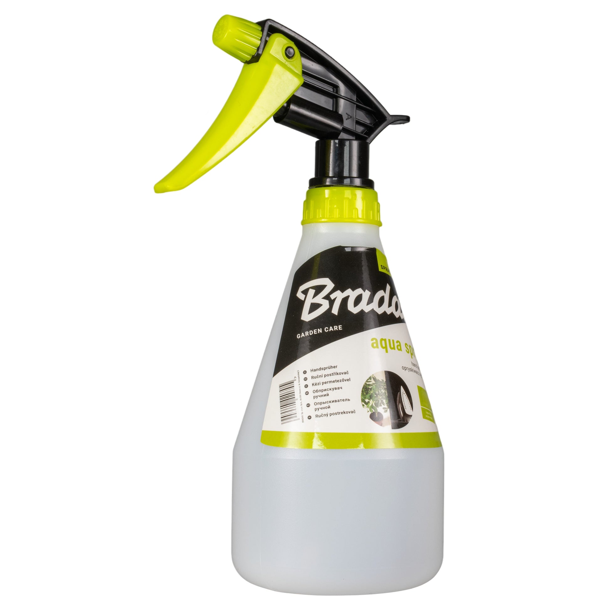 Aqua Spray hand sprayer bottle with lime-green pump handle and black spray head