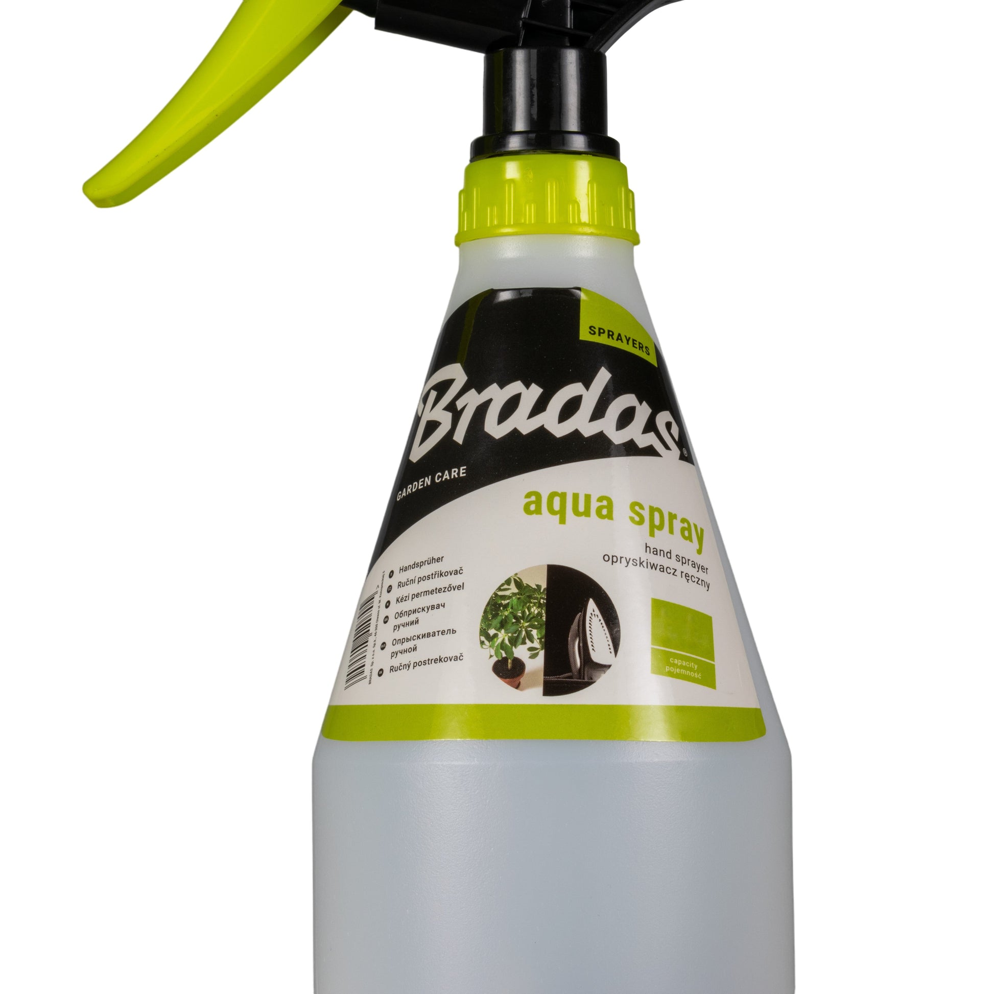 Aqua Spray hand sprayer bottle with label and lime-green cap, black trigger top