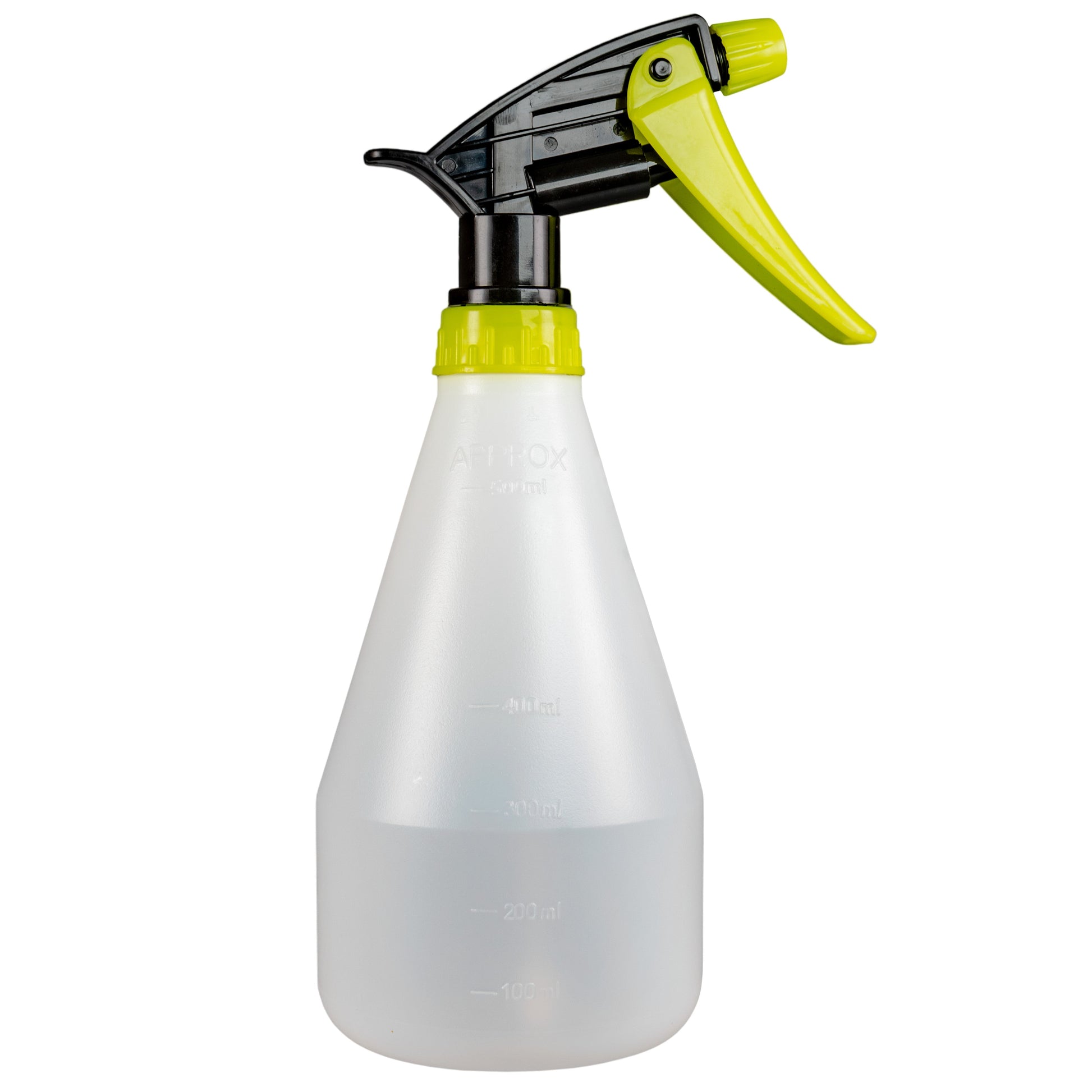 Aqua Spray hand sprayer bottle, lime-green cap and black pump with molded volume marks