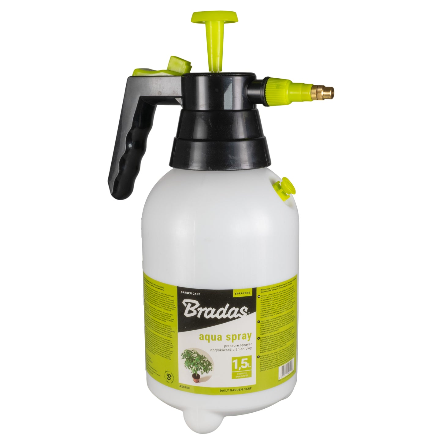 1.5L hand sprayer bottle with lime-green top, black pump head, spray nozzle