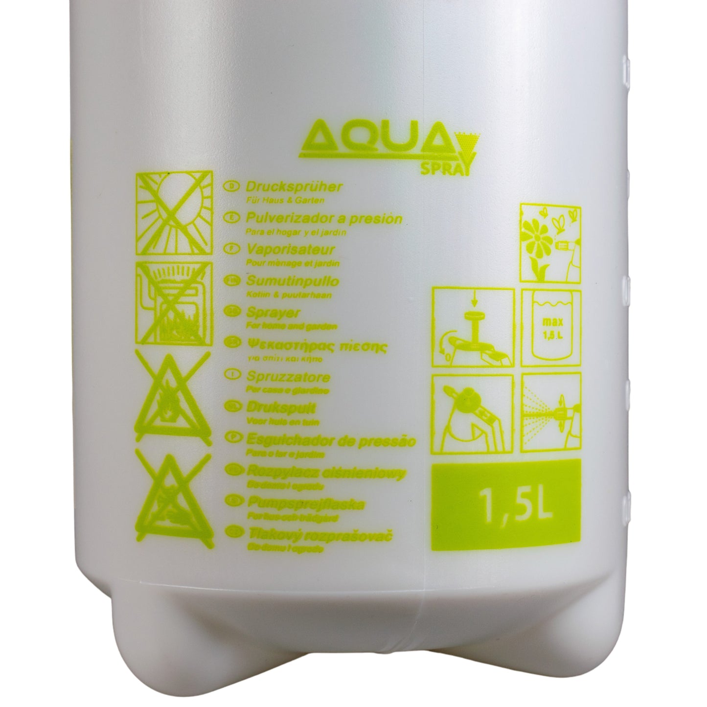 Aqua Spray 1.5L tank label on white reservoir with green instructions