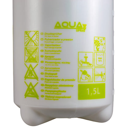 Aqua Spray 1.5L tank label on white reservoir with green instructions