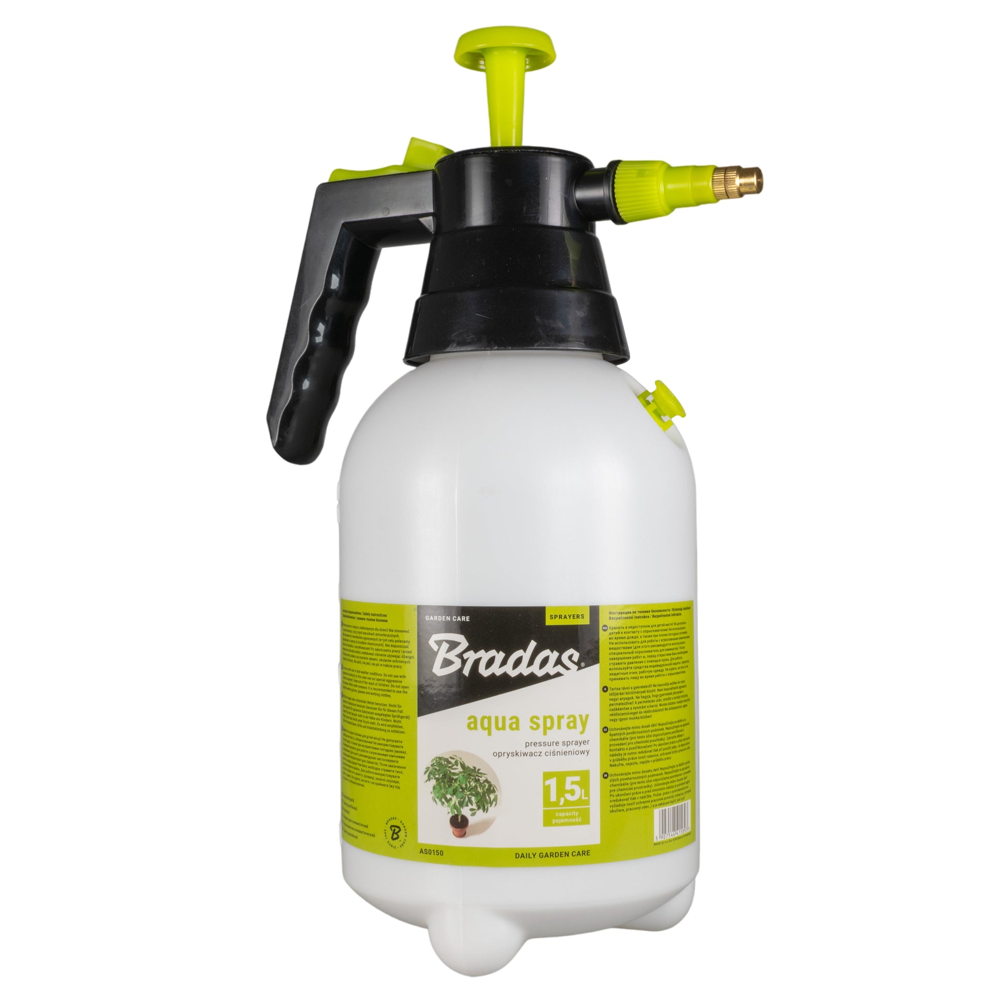 Hand press sprayer with white bottle, black pump, lime-green cap and brass nozzle
