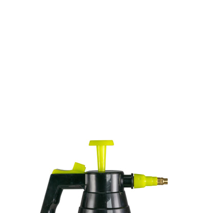 Close-up of black pump head with lime-green spray nozzle and trigger handle