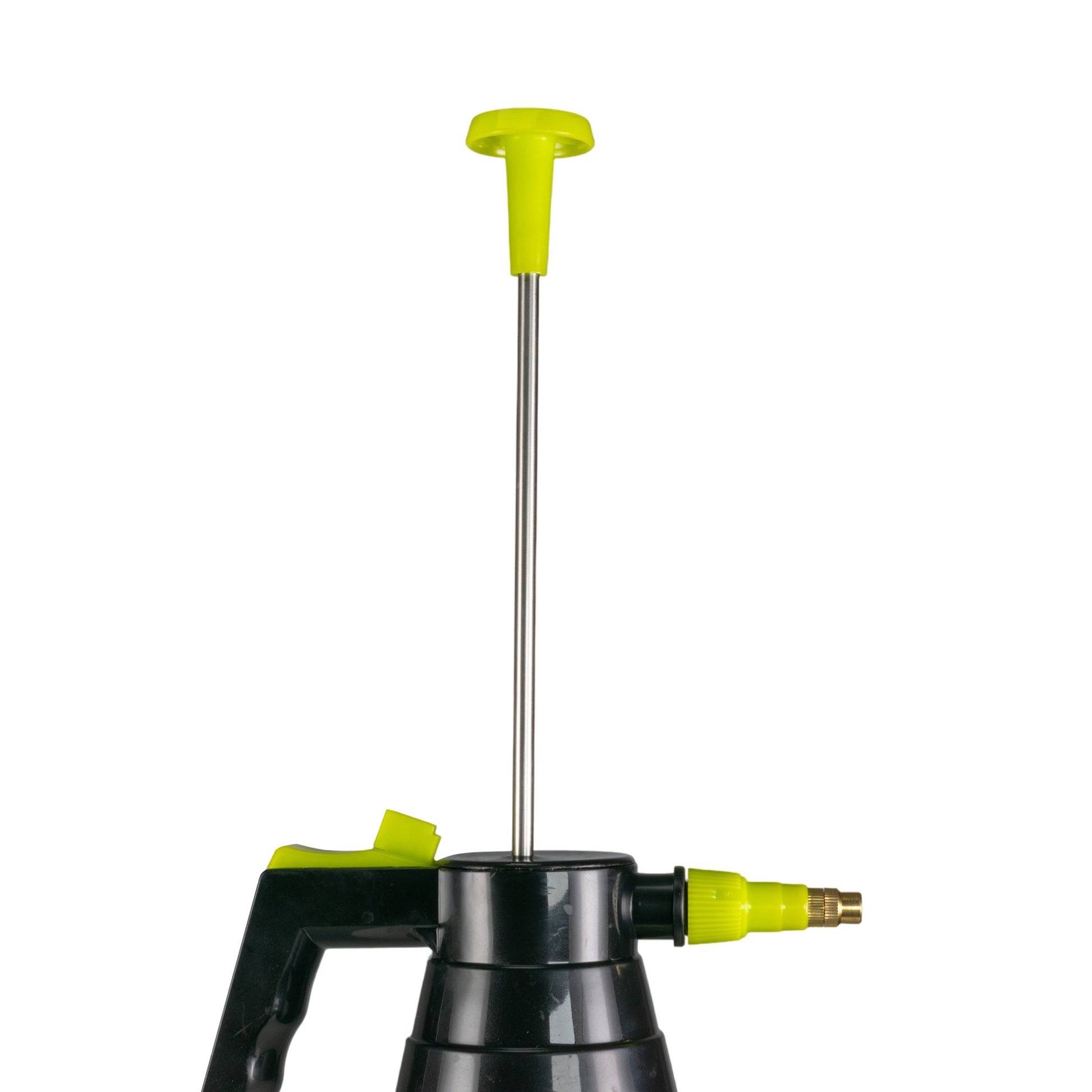 Tall tube pump sprayer with lime cap, black pump base, and green brass nozzle