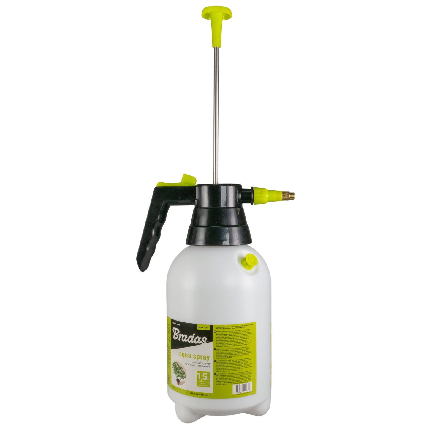 Hand sprayer with white bottle and black pump, lime-green nozzle and trigger