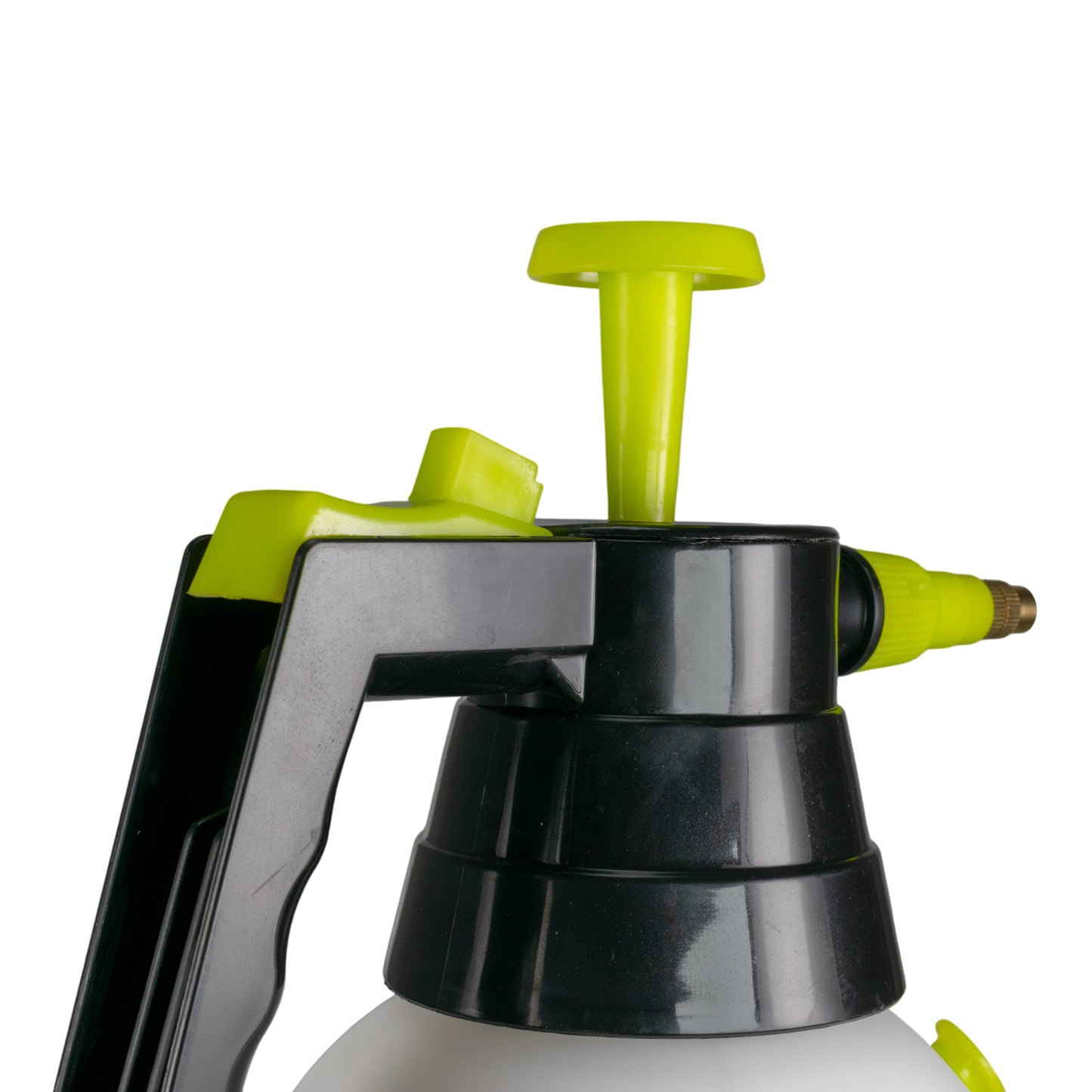Detailed view of black pump head, lime cap and trigger handle, spray nozzle