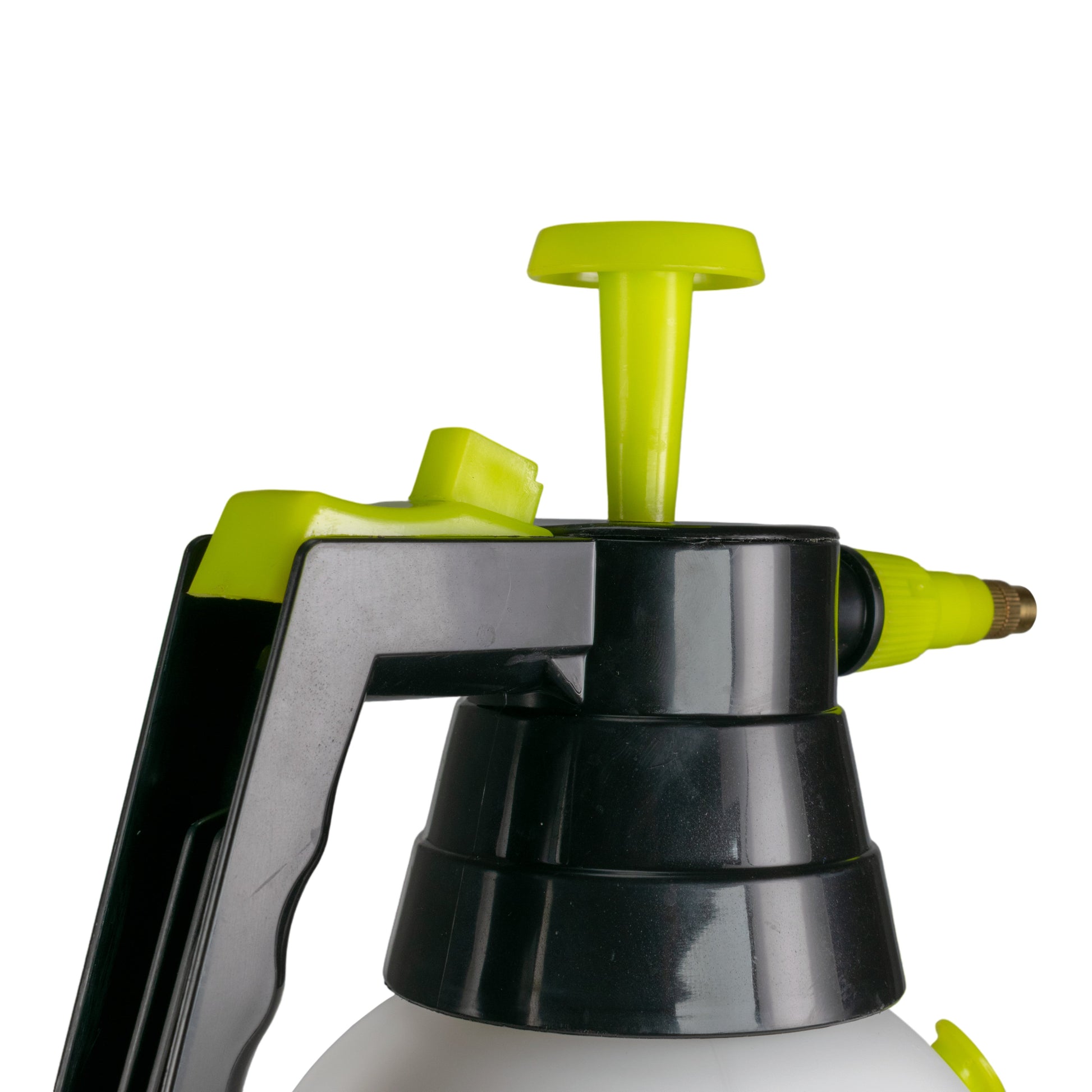 Detailed view of black pump head, lime cap and trigger handle, spray nozzle