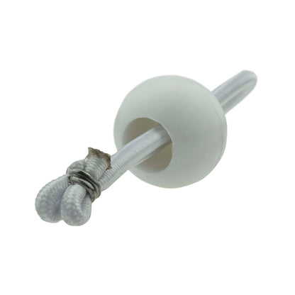 White 6-inch bungee ball on an elastic cord with braided rope ends