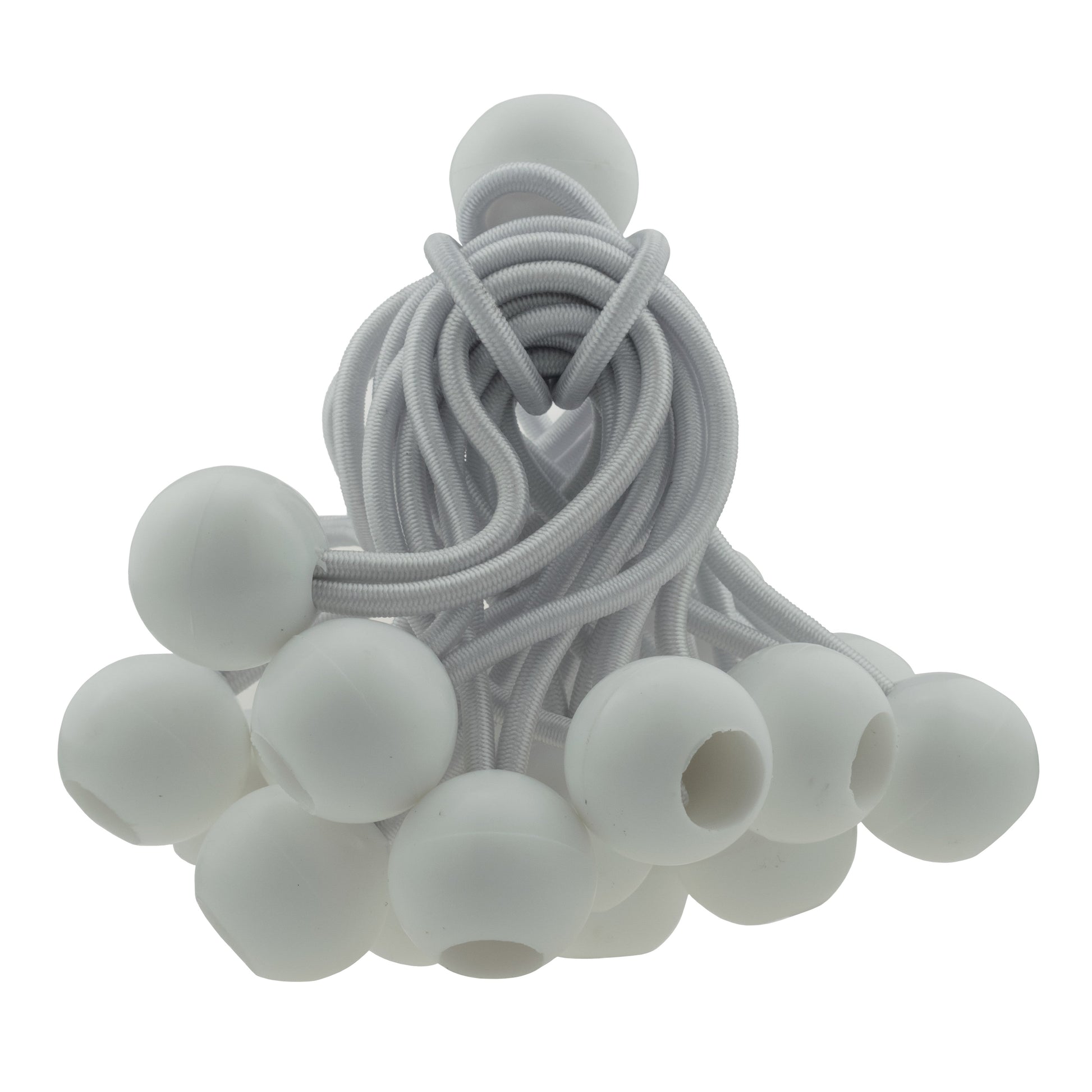 Bundle of white 6-inch bungee balls with coiled elastic cords and ball caps