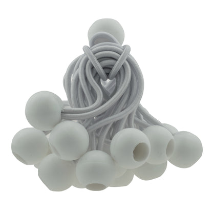 Bundle of white 6-inch bungee balls with coiled elastic cords and ball caps